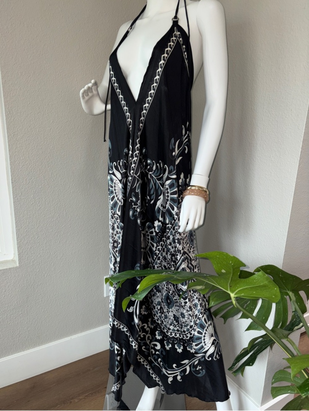 Black Floral Backless Halter Maxi Dress with White Print